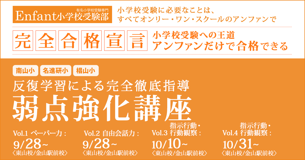 〈南山小・名進研小・椙山小〉反復学習による完全徹底指導「弱点強化講座」 〜完全合格宣言 小学校受験への王道アンファンだけで合格できる〜