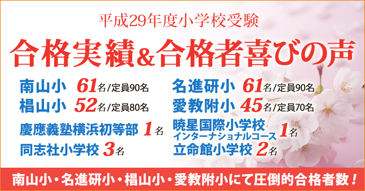 2017年度小学校受験 合格実績 エコール・ドゥ・アンファンの生徒たち大健闘！ 南山小・名進研小・椙山小・愛教附小、関東・関西圏の小学校にて圧倒的合格者数！