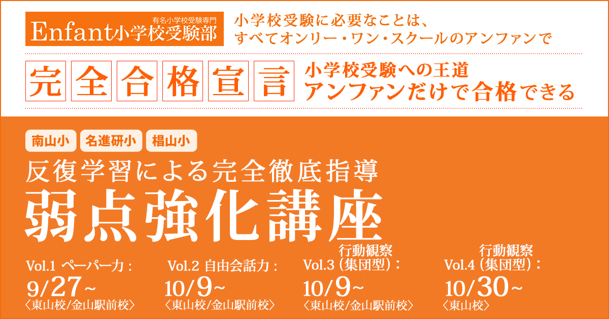 〈南山小・名進研小・椙山小〉反復学習による完全徹底指導「弱点強化講座」 〜完全合格宣言 小学校受験への王道アンファンだけで合格できる〜