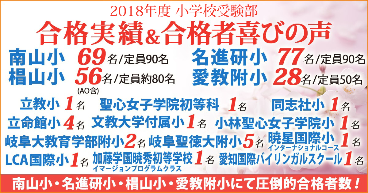 2018年度小学校受験 合格実績 エコール・ドゥ・アンファンの生徒たち大健闘！ 南山小・名進研小・椙山小・愛教附小、関東・関西圏の小学校にて圧倒的合格者数！