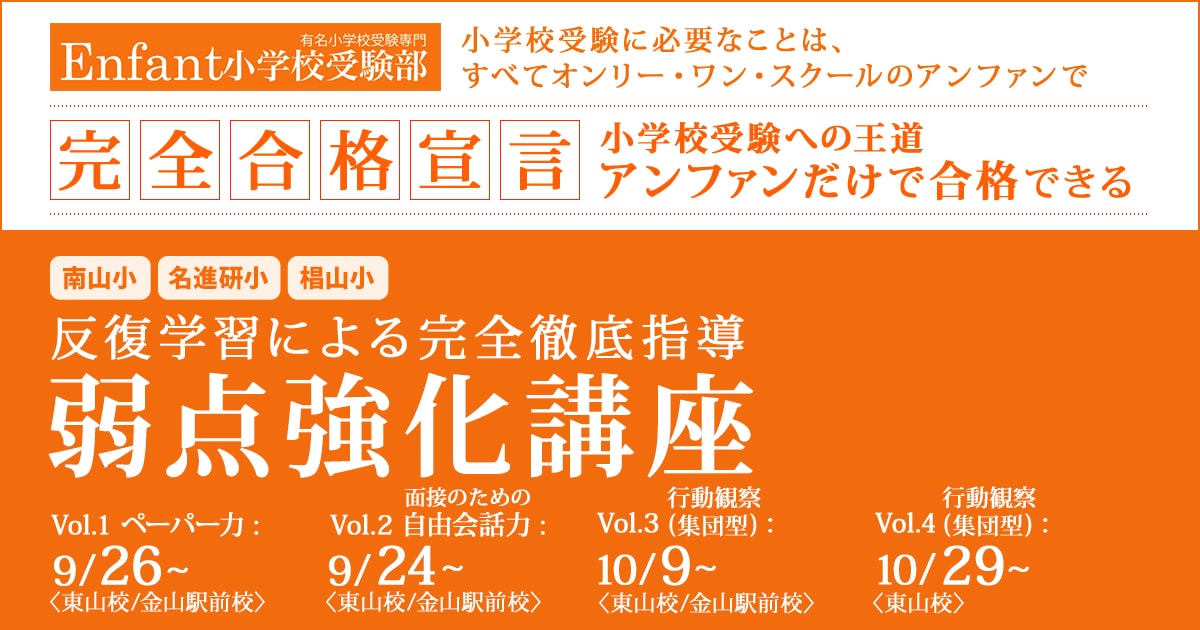 〈南山小・名進研小・椙山小〉反復学習による完全徹底指導「弱点強化講座」 〜完全合格宣言 小学校受験への王道アンファンだけで合格できる〜