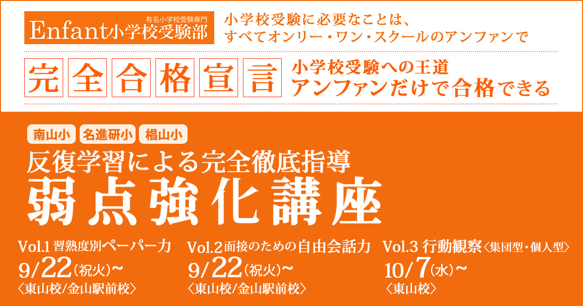 〈南山小・名進研小・椙山小〉反復学習による完全徹底指導「弱点強化講座」 〜完全合格宣言 小学校受験への王道アンファンだけで合格できる〜