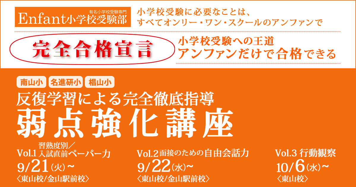 〈南山小・名進研小・椙山小〉反復学習による完全徹底指導「弱点強化講座」 〜完全合格宣言 小学校受験への王道アンファンだけで合格できる〜