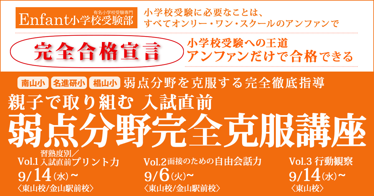 〈南山小・名進研小・椙山小〉反復学習による完全徹底指導「弱点強化講座」 〜完全合格宣言 小学校受験への王道アンファンだけで合格できる〜