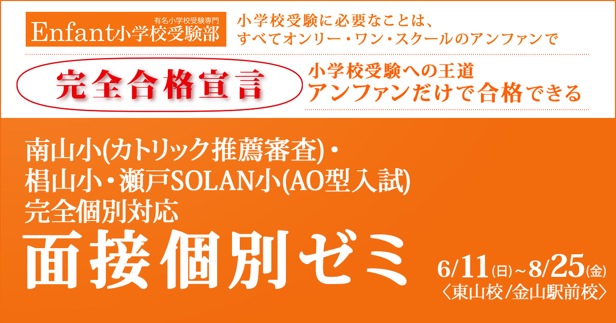 南山小(2次試験)・名進研小・椙山小(AO型・一般入試)のための面接個別ゼミ 〜小学校受験への王道アンファンだけで合格できる〜