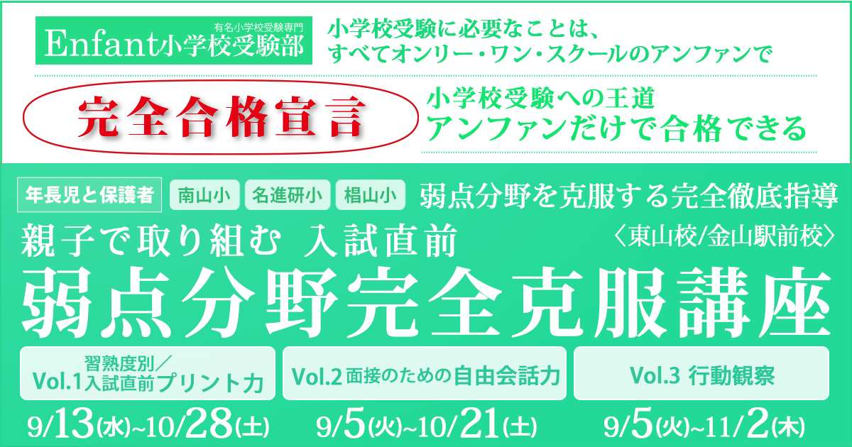 〈南山小・名進研小・椙山小〉反復学習による完全徹底指導「弱点強化講座」 〜完全合格宣言 小学校受験への王道アンファンだけで合格できる〜