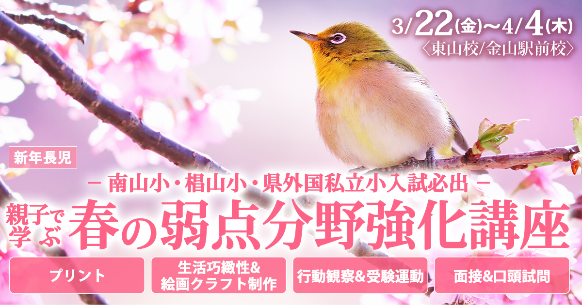 〈新年長児対象〉－完全少人数制 南山・名進研入試必出－『春の入試分野克服講座』～完全合格宣言 小学校受験への王道アンファンだけで合格できる～