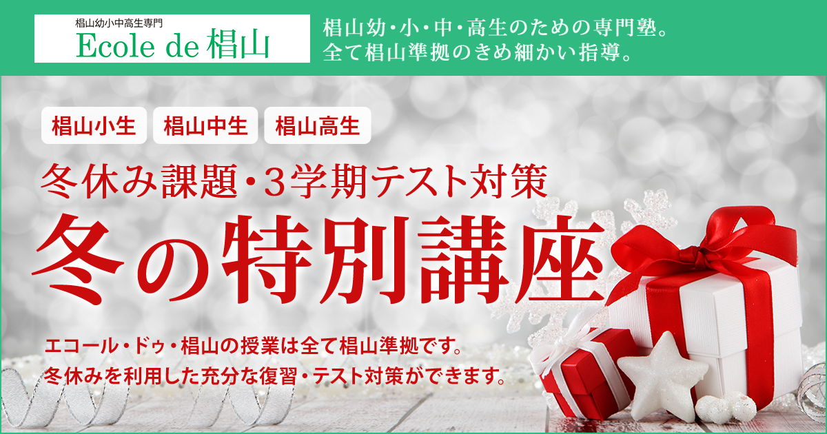 〜椙山幼稚園生・小学生・中学生・高校生のための専門塾 全て椙山準拠のきめ細かい指導〜 冬休み課題・3学期テスト対策『冬の特別講座』 エコール・ドゥ・椙山の授業は全て椙山準拠です。 冬休みを利用した充分な復習・テスト対策が出来ます。